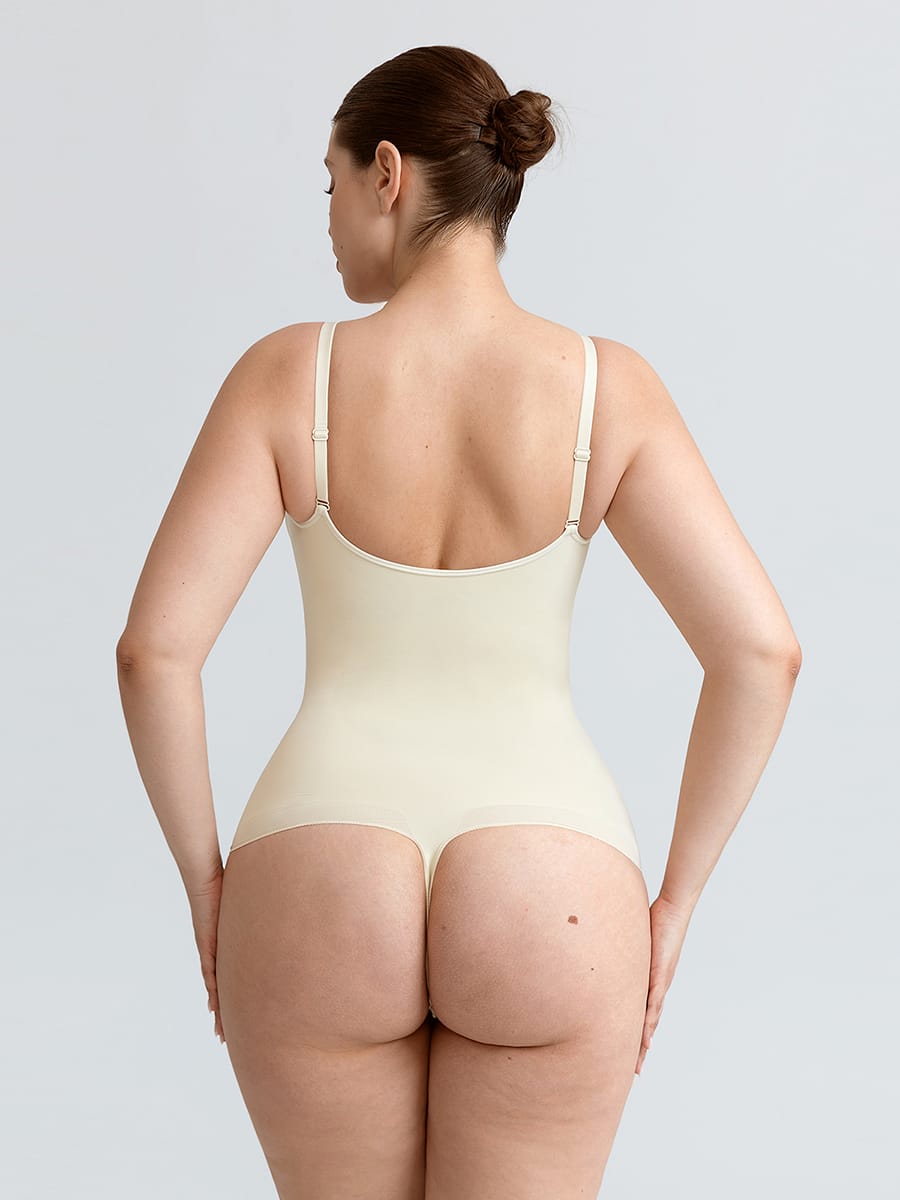 Seamless V Neck Ruched Bust Tummy Control Thong Shaping Bodysuit