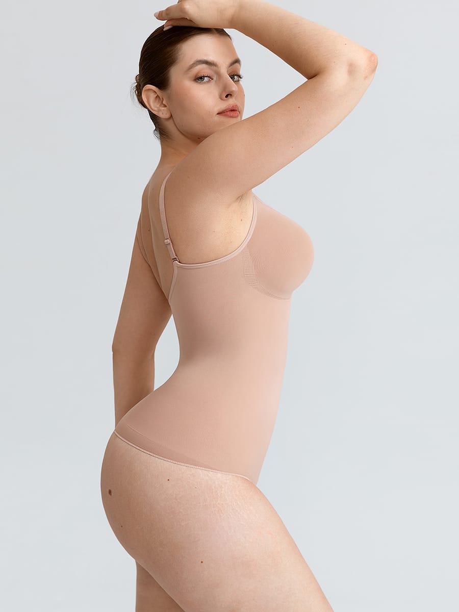 Seamless V Neck Ruched Bust Tummy Control Thong Shaping Bodysuit