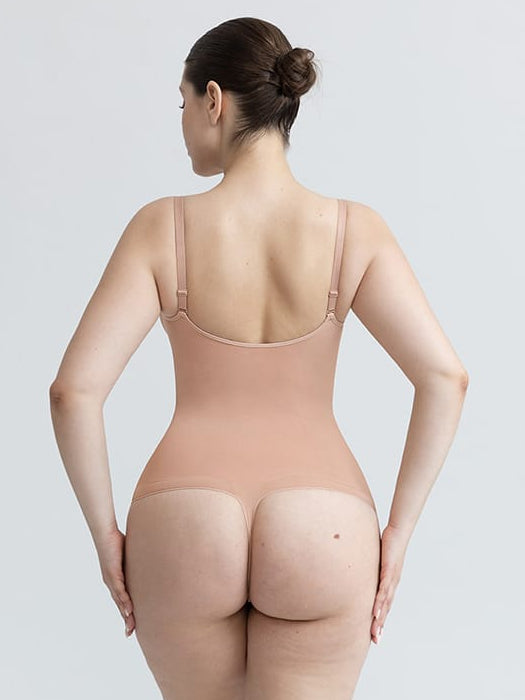 Seamless V Neck Ruched Bust Tummy Control Thong Shaping Bodysuit
