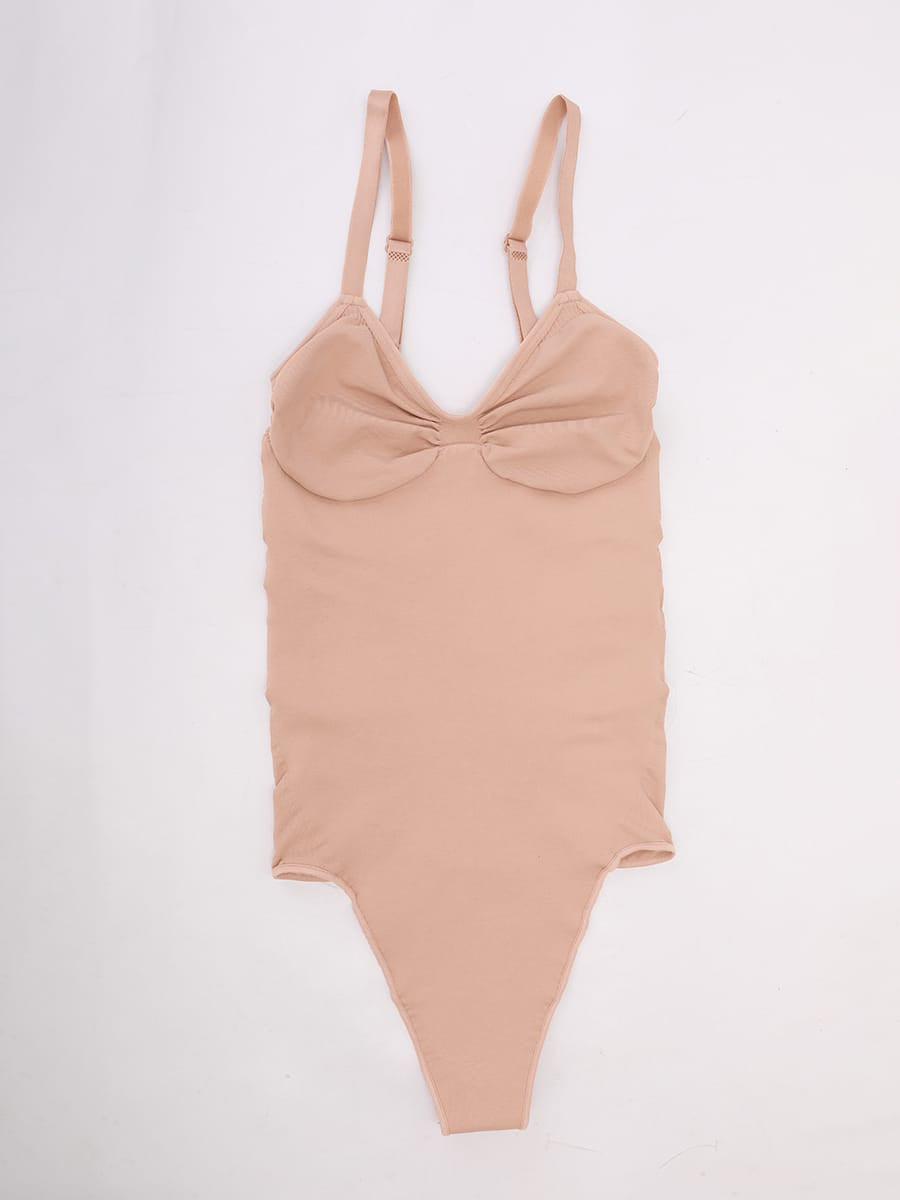 Seamless V Neck Ruched Bust Tummy Control Thong Shaping Bodysuit