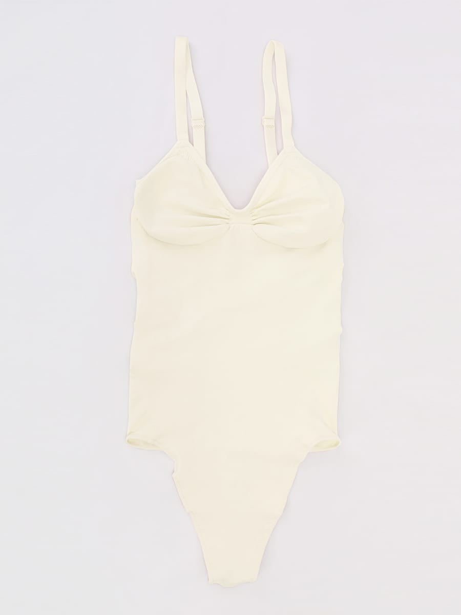 Seamless V Neck Ruched Bust Tummy Control Thong Shaping Bodysuit