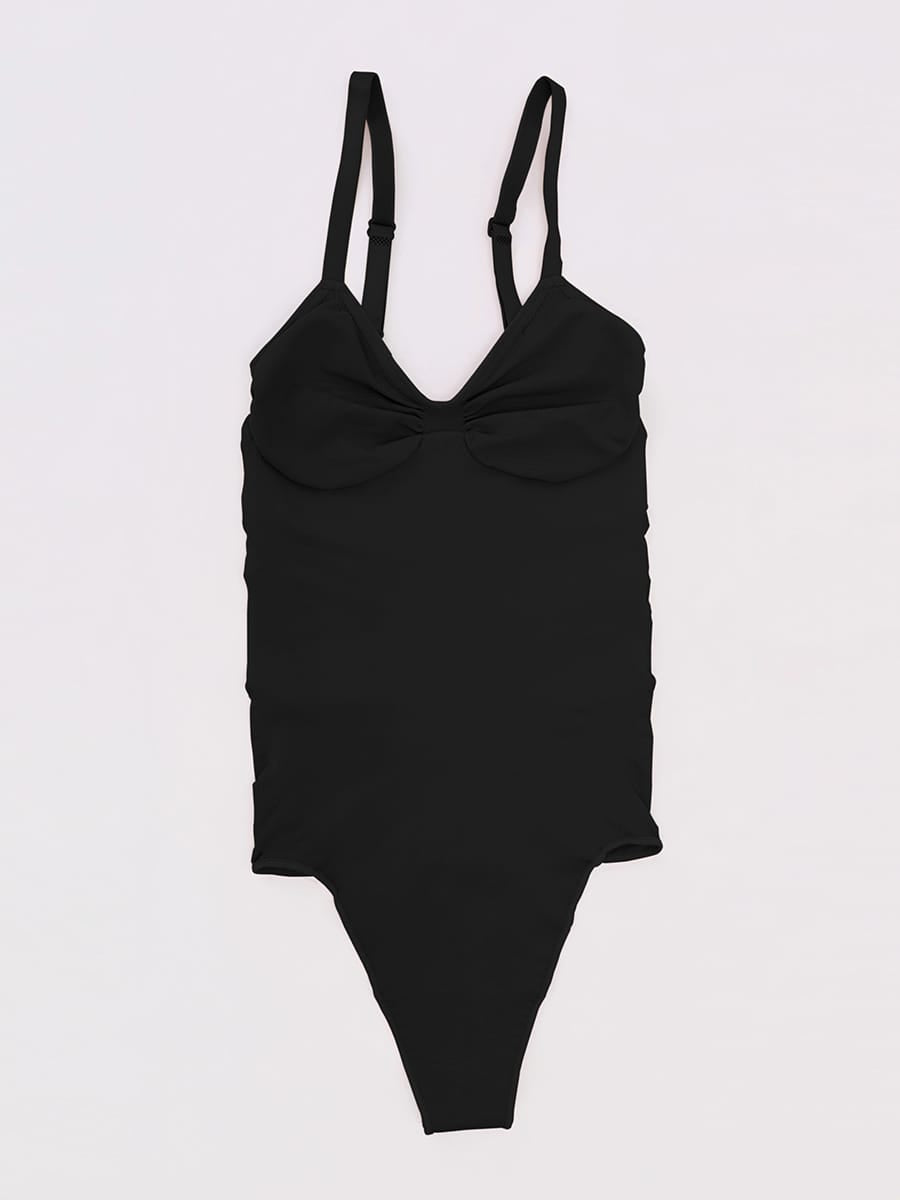 Seamless V Neck Ruched Bust Tummy Control Thong Shaping Bodysuit