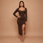 HolyShape DiamondSculpt Dress in Dark Brown, three-quarter view