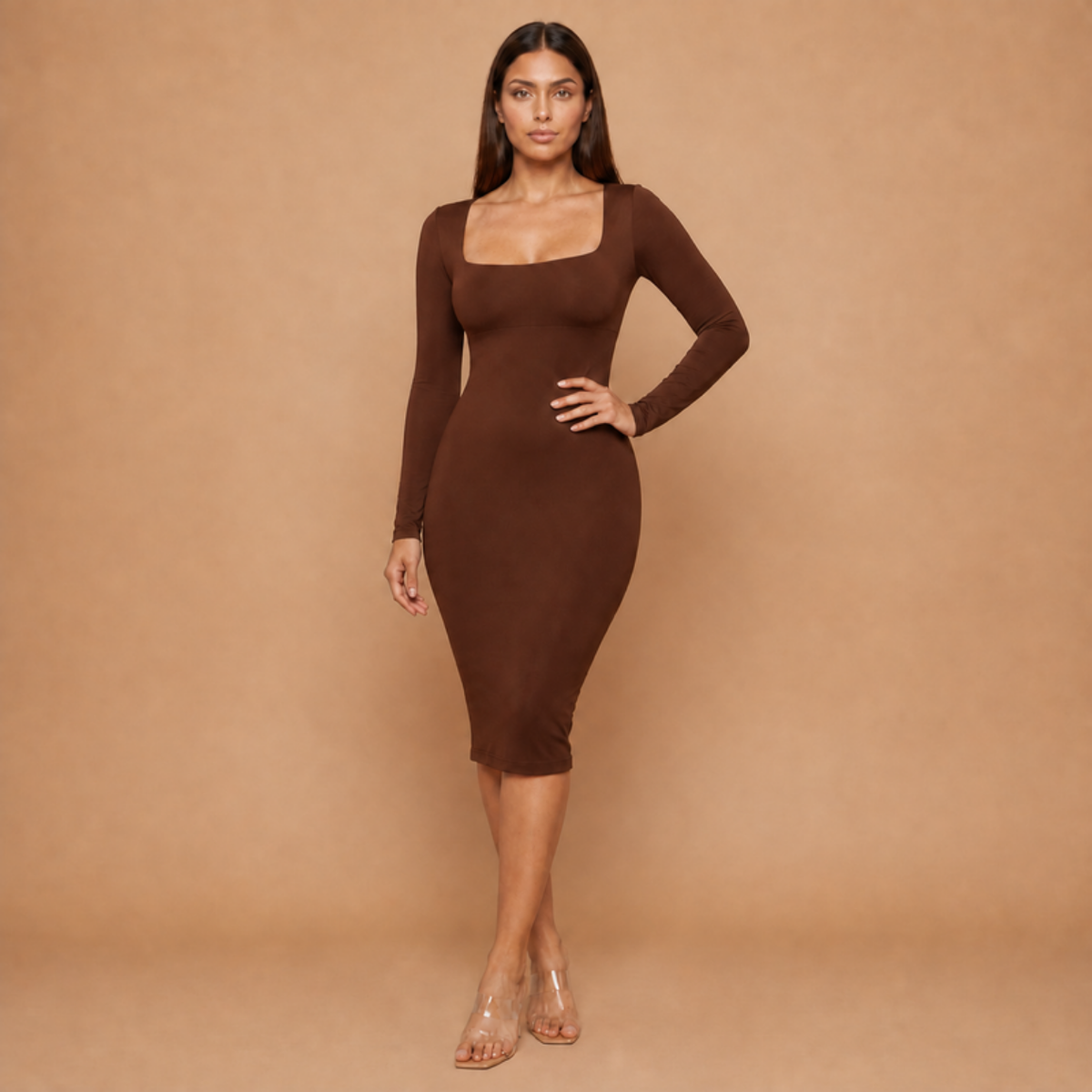 HolyShape PureSculpt Dress in Dark Brown, three-quarter view