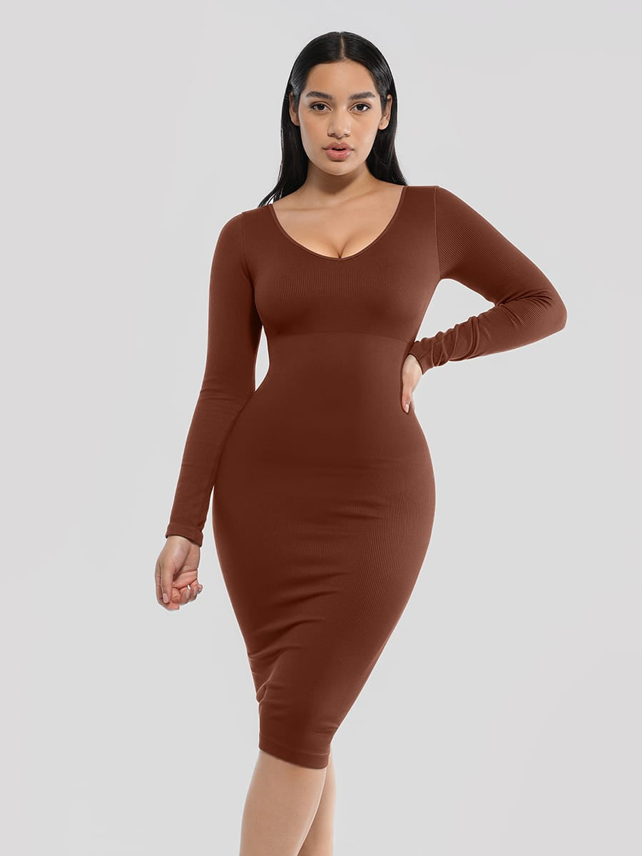 HolyShape ChicSculpt Seamless V-Neck Knit Body Dress in Brown