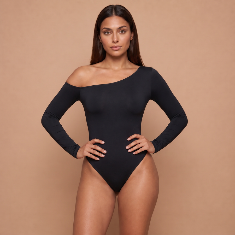 HolyShape SleekShoulder Bodysuit in Black, front